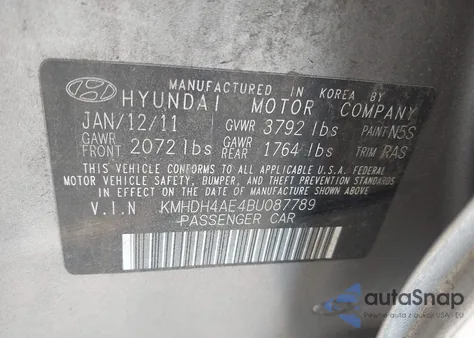2011 Hyundai Elantra Gls (Ulsan Plant) z USA, uszkodzony, nr VIN KMHDH4AE4BU087789